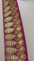 Premium Magenta Pink & Gold Embroidered Lace Border Trim – 9 Yards.