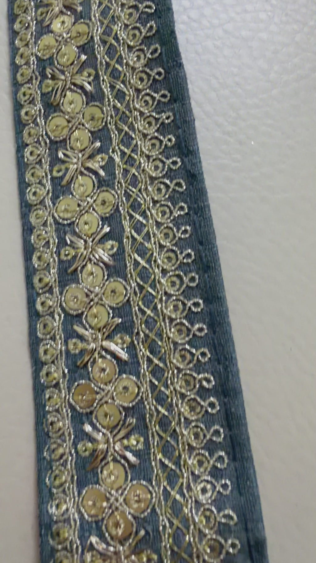 Grey Embroidered Lace Trim with Gold Sequins - 9 Yard Roll