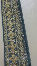 Grey Embroidered Lace Trim with Gold Sequins - 9 Yard Roll