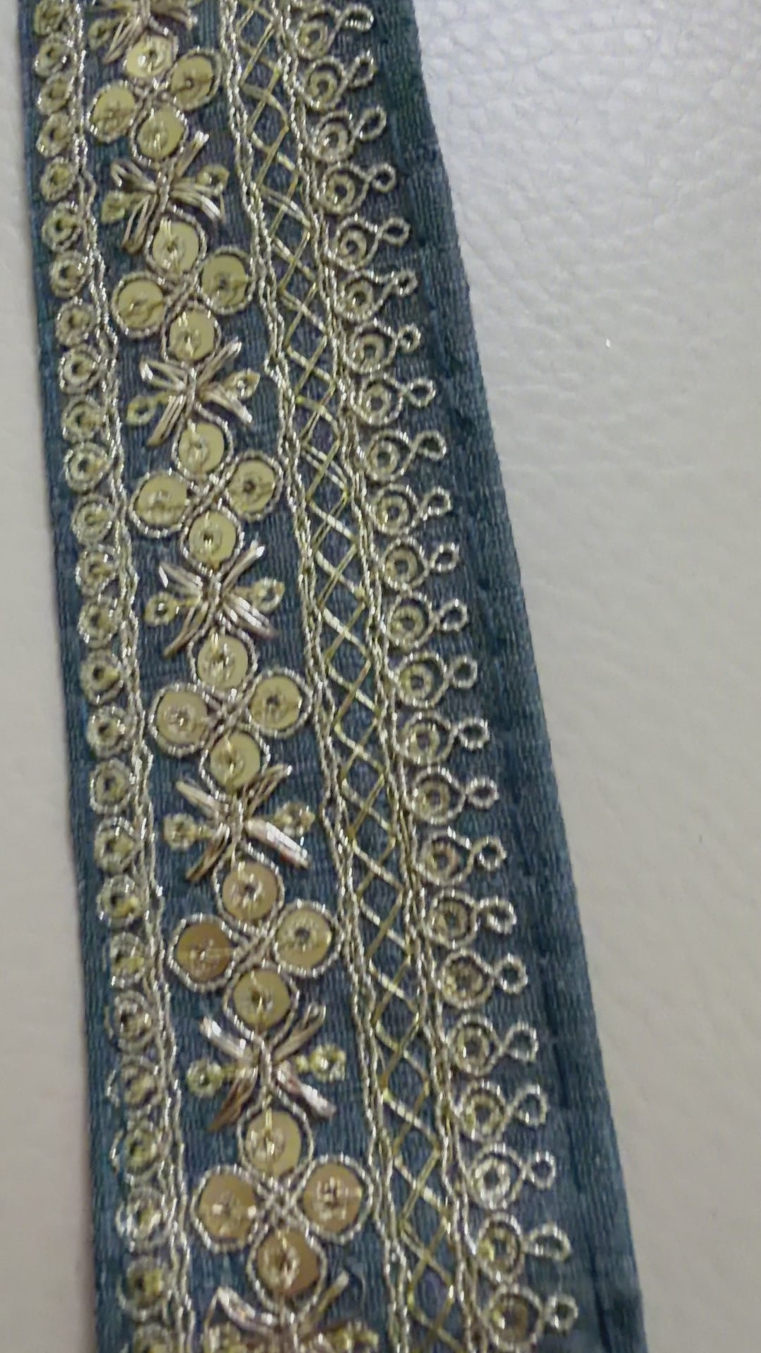 Grey Embroidered Lace Trim with Gold Sequins - 9 Yard Roll