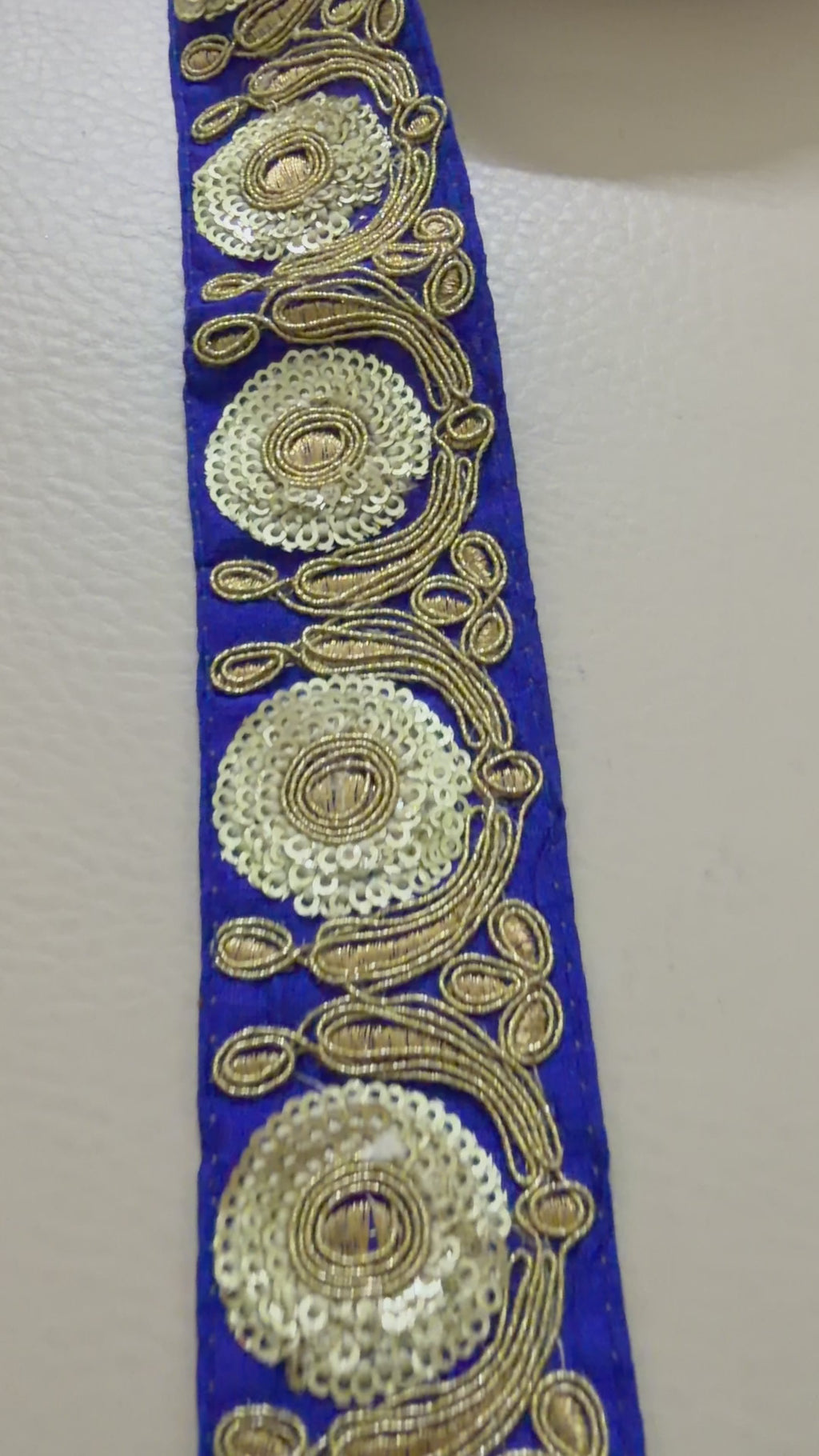 Royal Blue & Antique Gold Zari Embroidered Lace Trim – 9 Yards Roll.