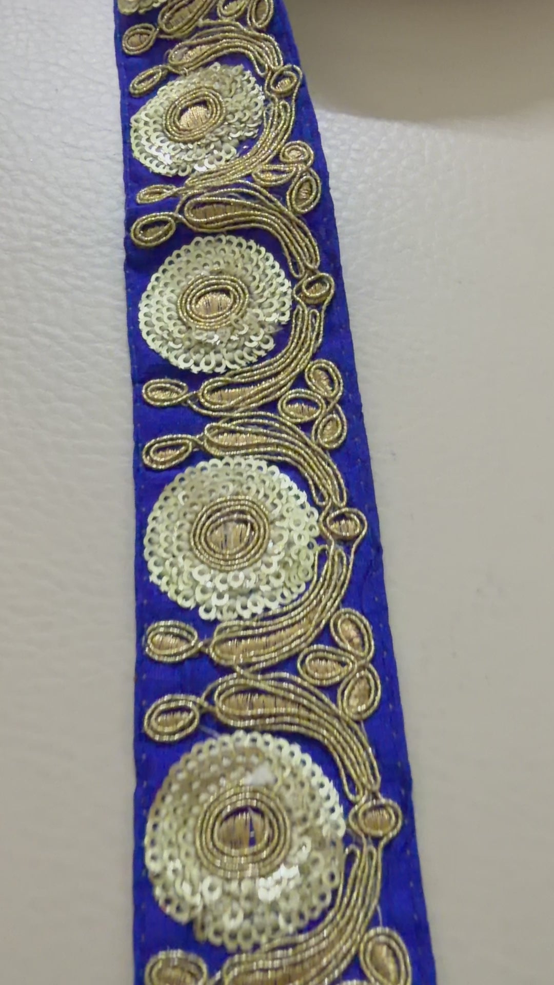 Royal Blue & Antique Gold Zari Embroidered Lace Trim – 9 Yards Roll.