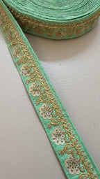 9 Yards Seafoam Mint & Gold Sequin Floral Embroidery Lace.