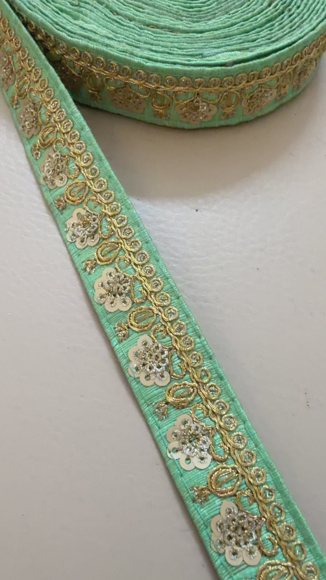 9 Yards Seafoam Mint & Gold Sequin Floral Embroidery Lace.
