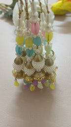 Colorful beaded necklace with gold accents on a white background