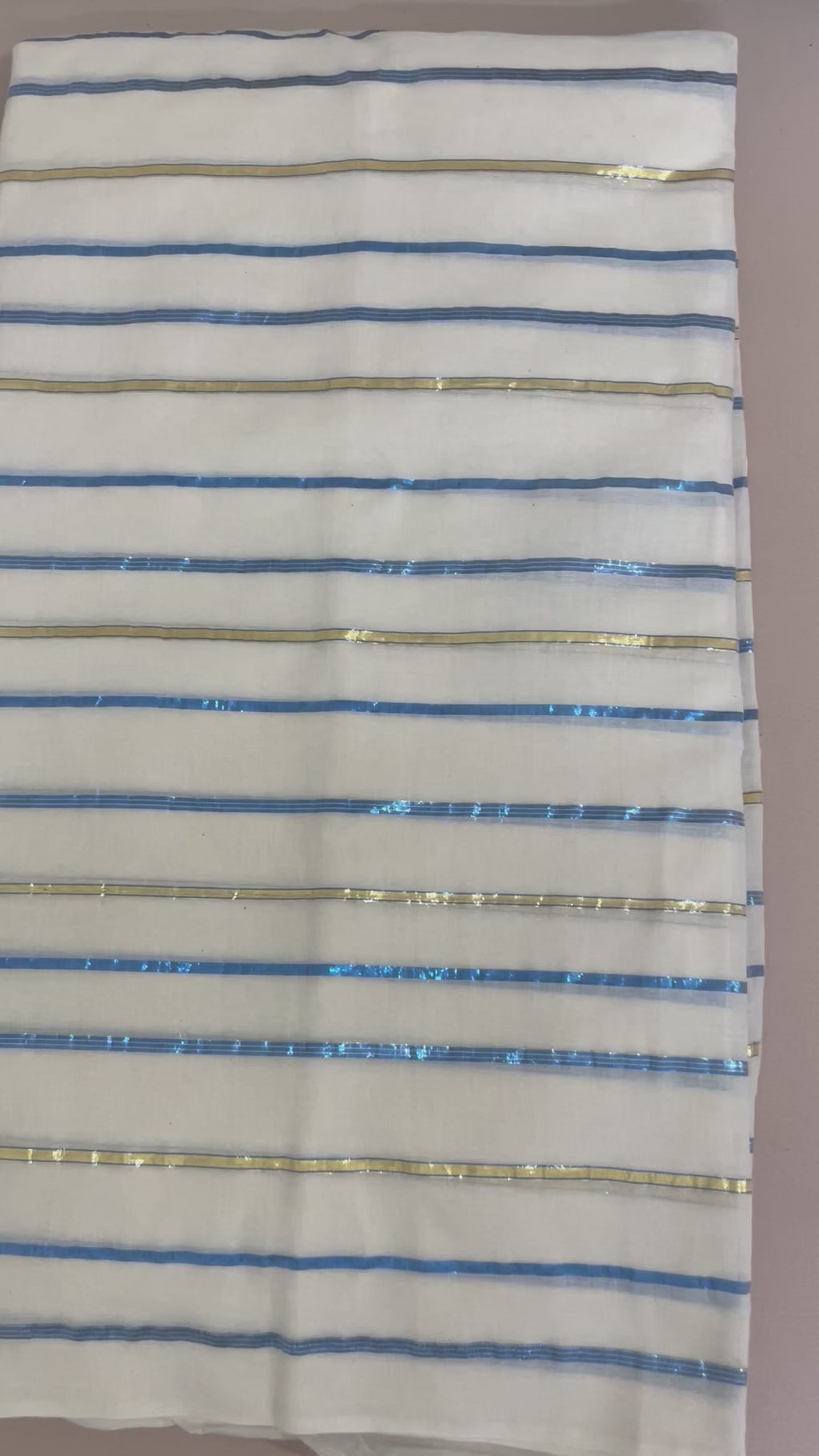 Lurex Cotton Fabric by Yard with Blue & Gold Metallic Stripes