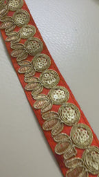Premium Orange & Gold Zari Embroidered Lace Trim – 9 Yards.