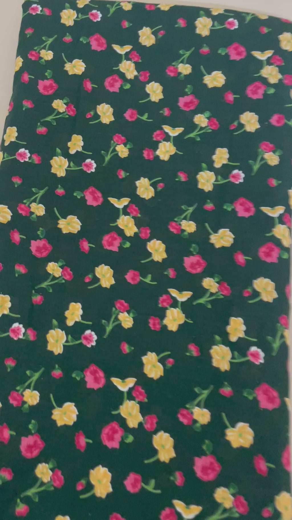 English Garden Floral Cotton Fabric by Yard – 42" Wide – Pink & Yellow Blossoms on Forest Green