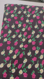 Rose Floral Cotton Fabric – 42" Wide – Pink & Cream Flowers on Dark Brown – Sold by the Yard