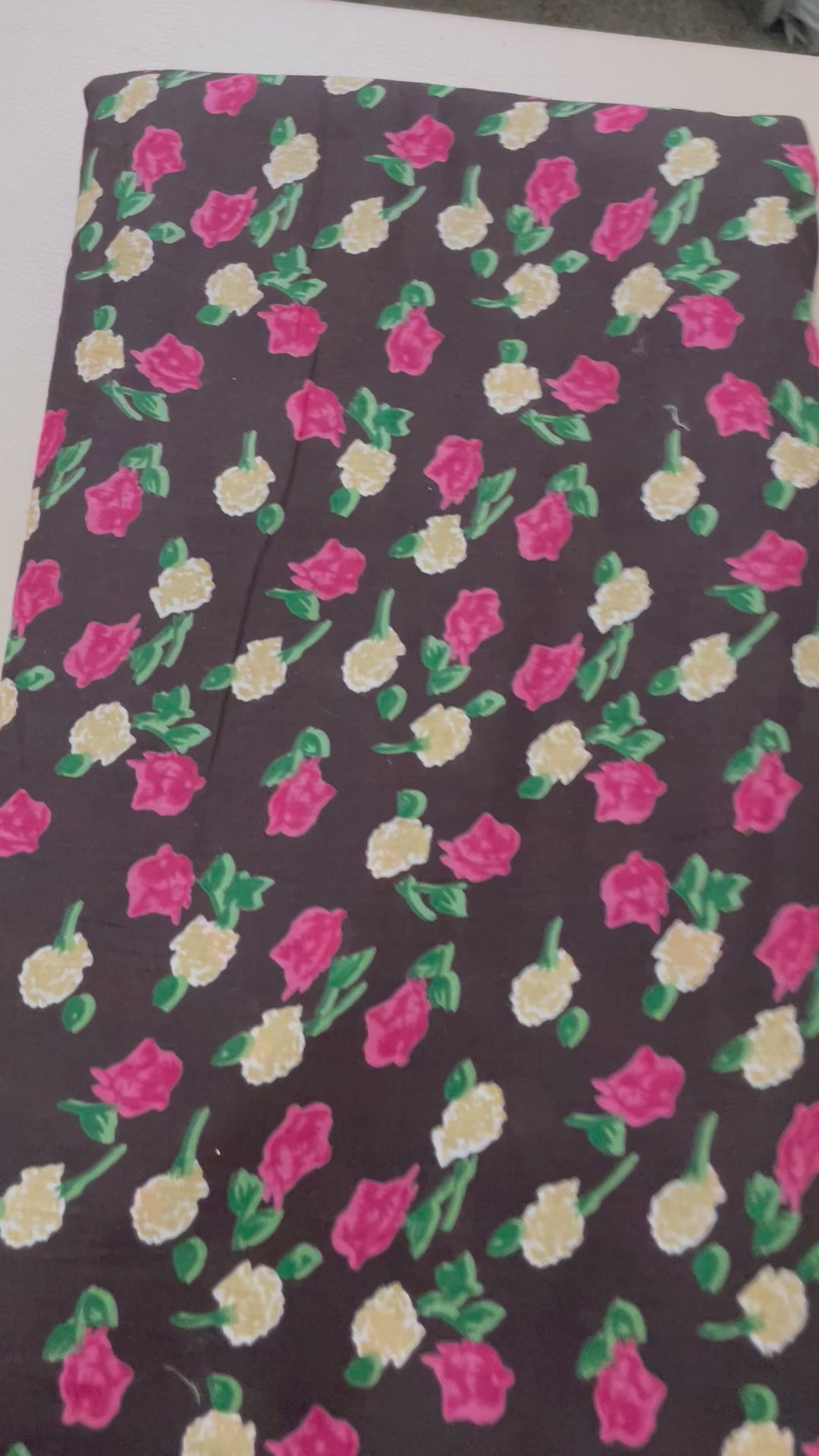 Rose Floral Cotton Fabric – 42" Wide – Pink & Cream Flowers on Dark Brown – Sold by the Yard