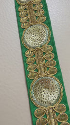 Premium Green & Gold Embroidered Lace Border Trim – 9 Yards.