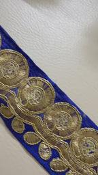 Royal Blue & Gold Zari Medallion Embroidered Trim - 9 Yard Roll