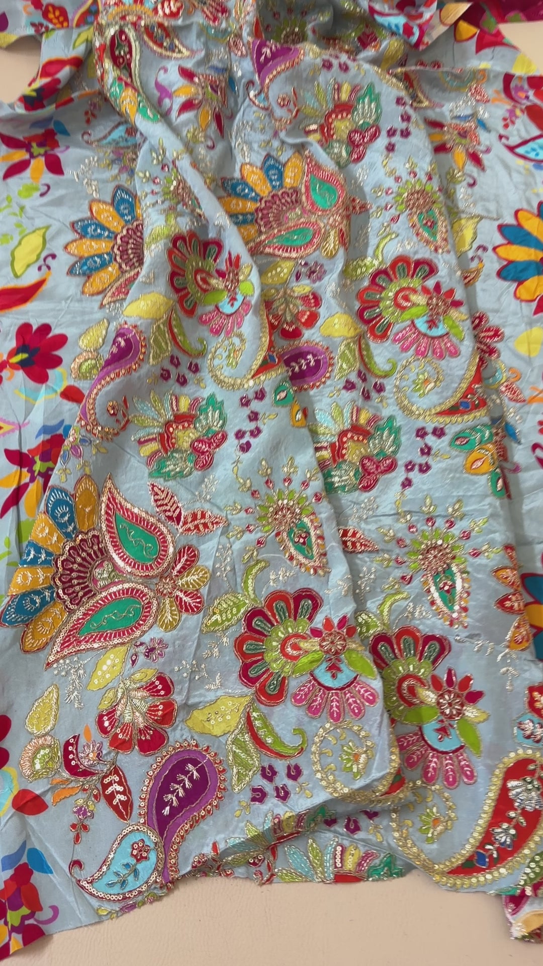 Sky Blue Multicolor Paisley Floral Sequin Embroidered Fabric – 46" Width